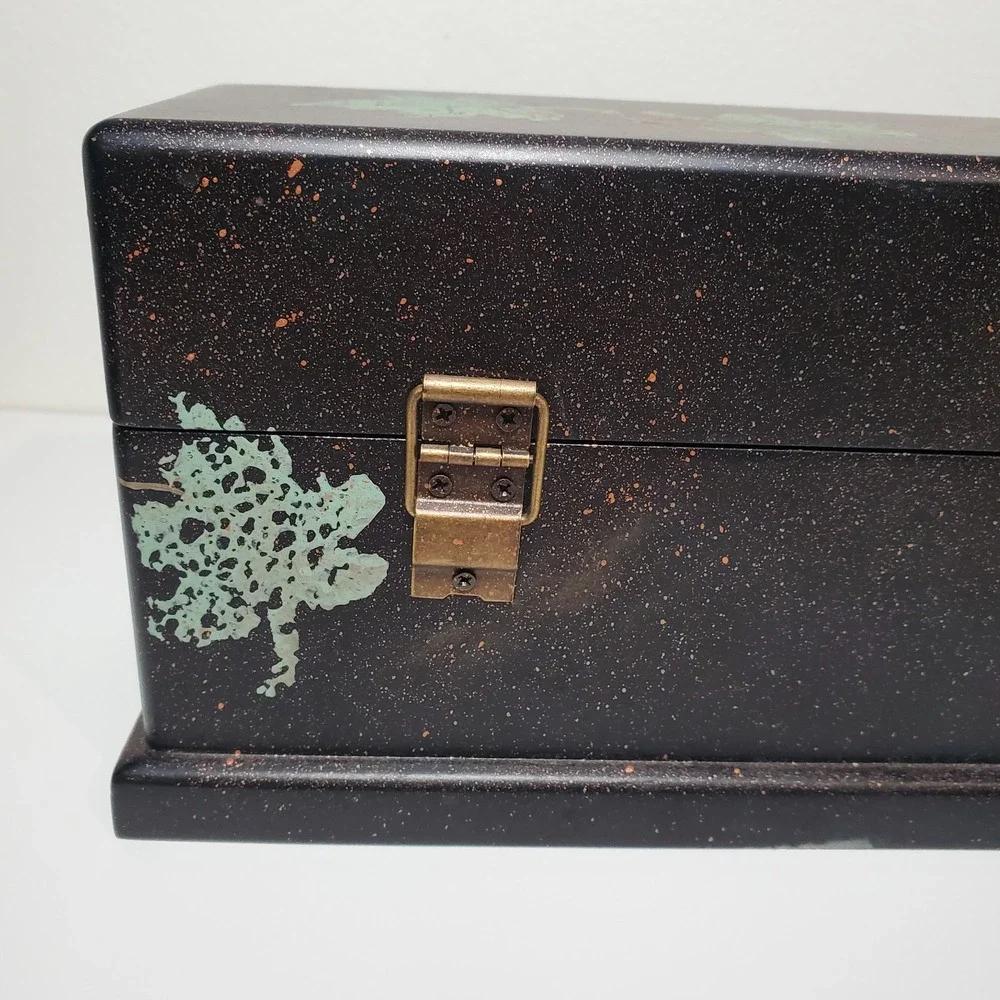 Jewelry Box‎ Handpainted with leaf motif Fall Foliage Gold Green Black
